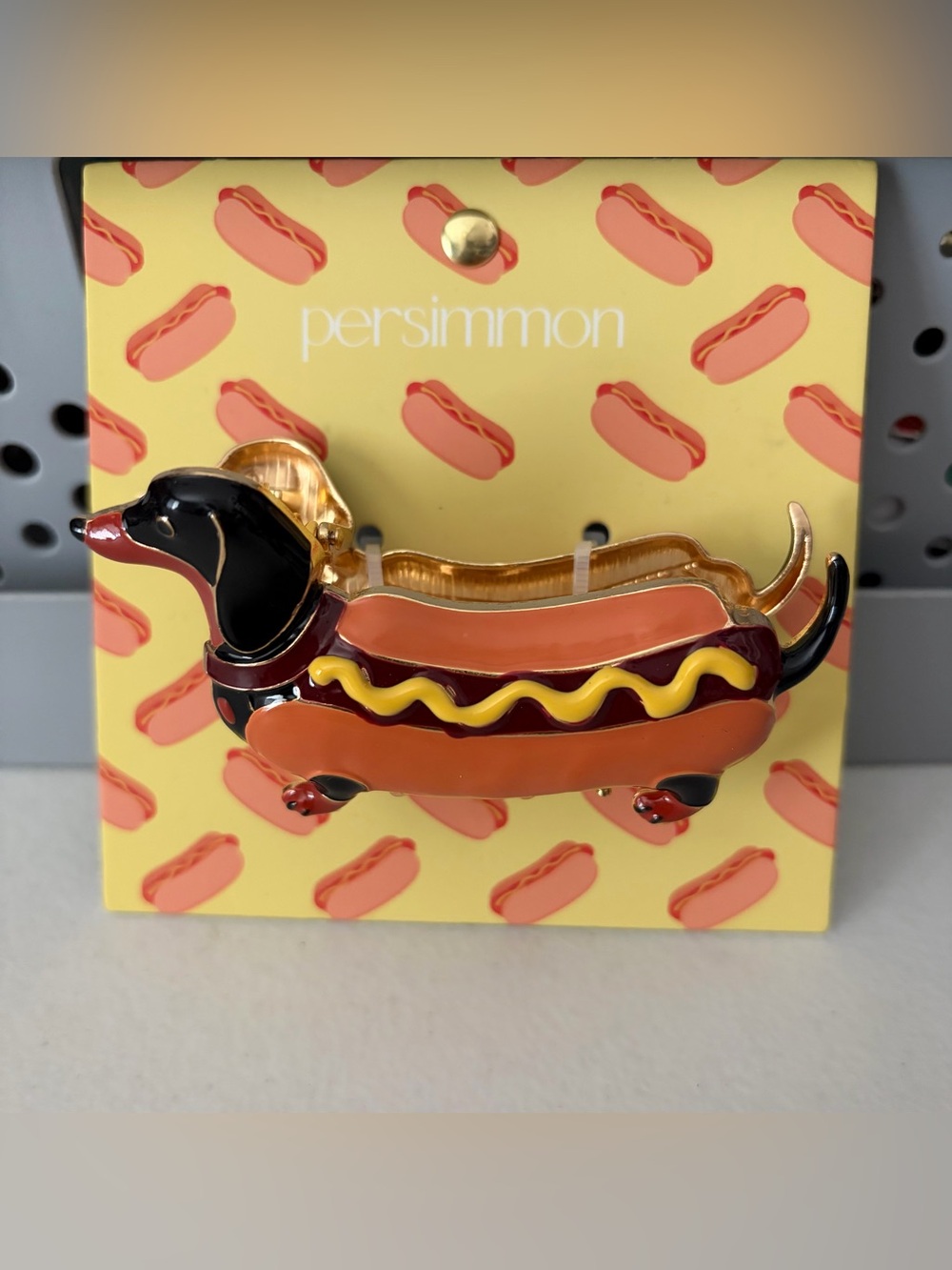 Persimmon Dachshund Hot Dog Enamel Hair Claw
